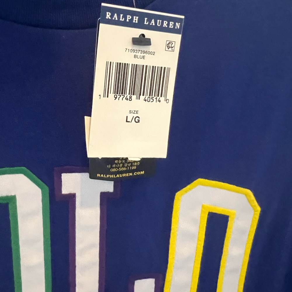 Ralph Lauren Blue Tee with Colorful Lettering